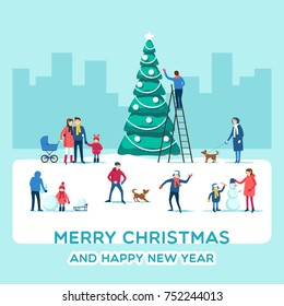 Snowy street. Urban winter landscape with people. Merry Christmas and Happy New Year greeting card. Holidays banner. Vector illustration flat design.