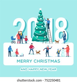 Snowy street. Urban winter landscape with people. Merry Christmas and Happy New Year greeting card. Holidays banner. Vector illustration flat design.