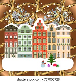 Snowy street. Vector illustration. Flat design. Christmas card Happy Holidays banner. Urban winter landscape.