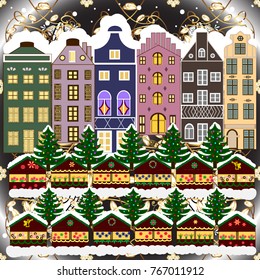 Snowy street. Vector illustration. Flat design. Urban winter landscape. Christmas card Happy Holidays banner.