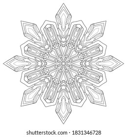 Mandala estilizada nevada con patrones geométricos sobre fondo blanco aislado. Para colorear páginas de libros.