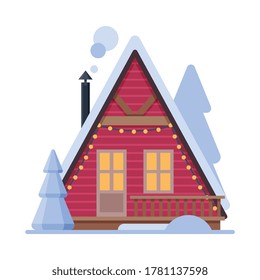 Snowy Suburban House, Rural Red Winter Cottage with Smoking Chimney Vector Illustration