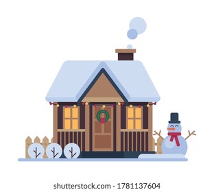 Snowy Suburban House, Rural Winter Cottage, Timbered Cabin with Smoking Chimney Vector Illustration