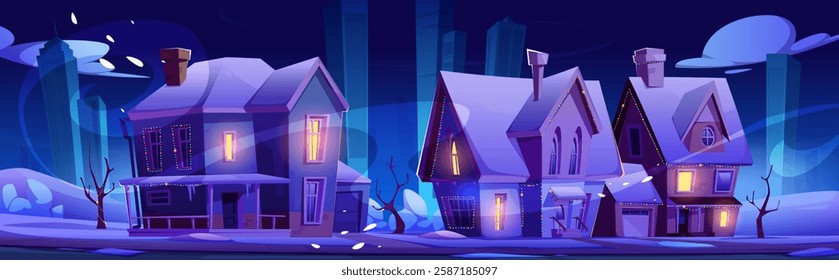 Snowy suburban street with decorated winter houses at night. Residential buildings illuminated by window lights and colorful holiday garlands. Cozy snow covered neighborhood scene on city backdrop.