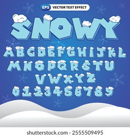 Snowy Text Effect with Winter-Themed Designs, suitable for holiday promotions, seasonal graphics, educational material, and festive projects.