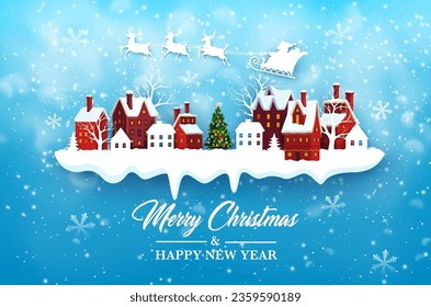 Snowy town with buildings, Santa sleigh silhouette, and pine tree. Vector greeting card for Xmas holiday season with Saint Nicolas flying on sled over cottage chimneys in blue sky with snowflakes