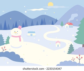 snowy town. There is a cute snowman and a village can be seen in the distance. Smoke is coming out of the chimney.