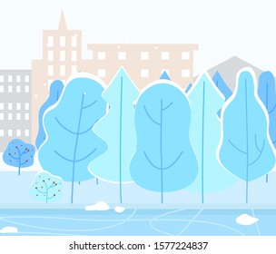 Snowy town or village with urban park. Trees covered by snow in lawn, wintertime landscape. Cityscape with buildings on background, beautiful scenery. Vector winter illustration in flat style