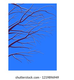 Snowy tree branches over cold blue winter sky, vector