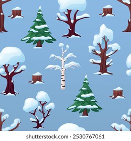 Snowy tree seamless pattern. Winter print for design, fabric cloth, wrapping paper, wallpaper, web backdrop. Snow hat on trees nowaday vector background