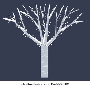 Snowy tree without foliage in forest or wood. Winter holiday decor on oak like garlands with light lamps. Branches covered by snow. Isolated plant on grey background. Vector illustration in flat style