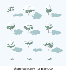 Snowy trees in isometric view with shadow.