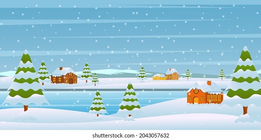 Snowy trees land, flat background of winterscape