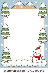 Schneebedeckte Bäume mit Schneemann und winterlichem Berghintergrund, Grenzgrafik