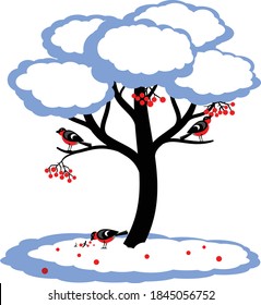 Snowy Trees Winter.
Winter tree on snow white background. Birds on the tree. Vector illustration.