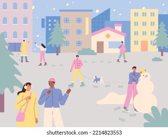 Snowy urban background. People are walking down the street, making snowmen and walking dogs. flat vector illustration.