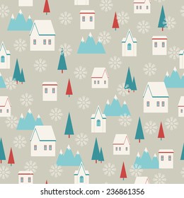 Snowy village retro seamless pattern