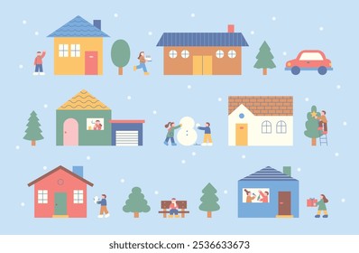 A snowy village scene. Neighbors are having a party and making snowmen and Christmas trees. outline simple vector illustration.