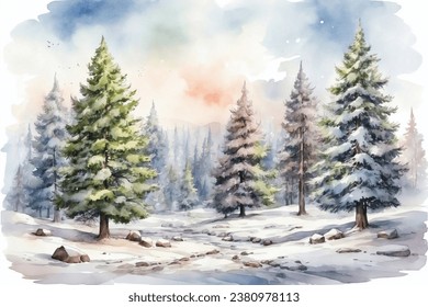 Snowy watercolor forest landscape background