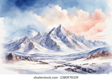 Snowy watercolor mountains landscape. Banner background 