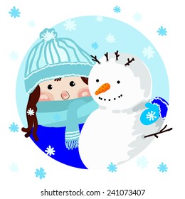 Snowy weather is depicted with funny girl.