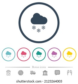 Snowy weather flat color icons in round outlines. 6 bonus icons included.