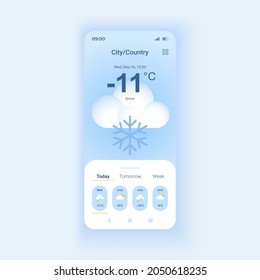 Snowy weather forecast daytime mode smartphone interface vector template. Temperature overcast. Mobile app page design layout. Climate overcast screen. Flat UI for application. Phone display
