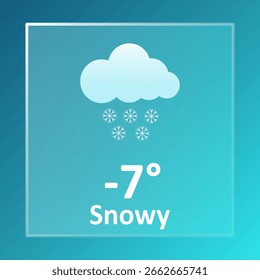 Ícone de tempo nevado. Nuvem branca grande acima de cinco flocos de neve estilizados no fundo azul com temperatura e etiqueta negrito neve abaixo em texto branco.