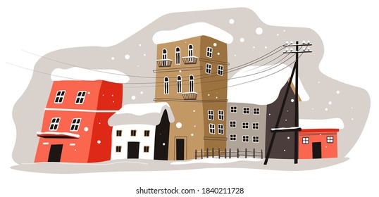 Snowy weather in village or town. Winter cityscape with snowball blizzard and buildings covered with snow. City street with snowstorm, wintertime view of skyline in december. Vector in flat style