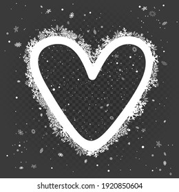 Snowy white heart photo frame. Christmas romantic photo mockup and snowfall on dark background. Winter holiday celebration snapshot love shape template and snowflakes around