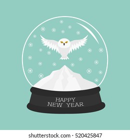 Snowy White Owl. Flying Bird Big Wings. Yellow Eyes. Arctic Polar Animal Collection. Crystal Ball With Snow. Happy New Year Card Flat Design Blue Background Vector Illustration