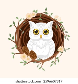 A Snowy White Owl in its nest. White Owl with flowers vine. Cream background