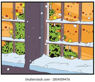 Snowy window of home. Christmas tree. Vector. Stock illustration.