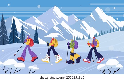 Snowy winter background. Hiking tourism. Friends at mountain resort. Nordic walking Character with coffee is photographed by camera. Outdoor vacations. Hikers in Alps. Vector cold season landscape