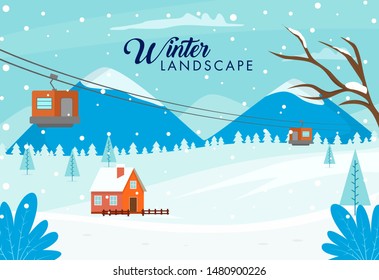 Snowy Winter Background with Ropeway