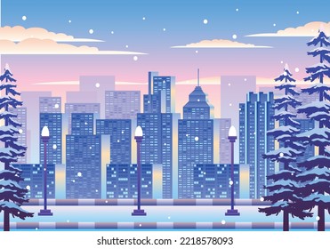 Ilustración del paisaje de la ciudad invernal de Snowy