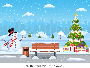 snowy winter city park with Christmas trees, bench, snowman and city skyline. Winter Christmas landscape for banner, poster, web. Vector illustration in flat style