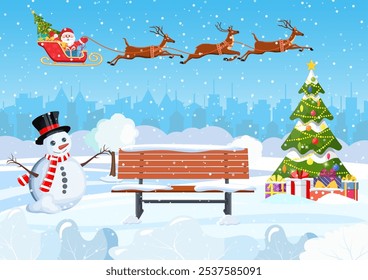 snowy winter city park with Christmas trees, bench, snowman and city skyline. Winter Christmas landscape for banner, poster, web. Santa Claus riding on sleigh. Vector illustration in flat style