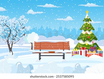 snowy winter city park with Christmas trees, bench, city skyline. Winter Christmas landscape for banner, poster, web. Vector illustration in flat style