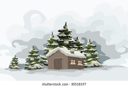 Snowy winter day. Artistic winter landscape. Elements are layered separately in vector file.