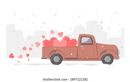 Nieve fondo de ciudad de invierno y camioneta retro con corazones. Entrega de vacaciones. Tarjeta de San Valentín. Ilustración vectorial.