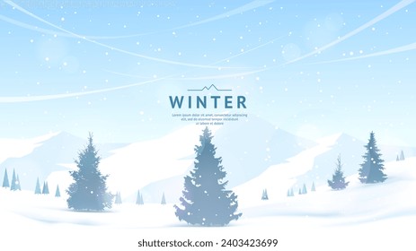 A snowy winter day. Fir trees in snowdrifts, mountains covered with snow, clear blue sky. Snowfall. Design for banner, background, wallpaper, postcard. Concept of tourism, hiking. Vector image.