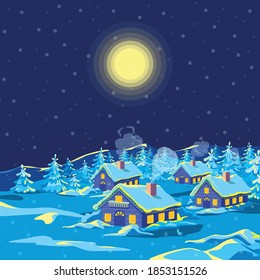 Snowy Winter Evening landscape with village, houses decorated with garlands light against the background of the fir trees forest, mountains. New Year, Christmas Eve illustration greeting card, Vector