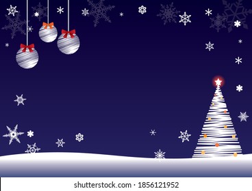 Snowy winter field background with Christmas tree.Winter background with snowflakes and Christmas tree.image of winter background for Christmas.