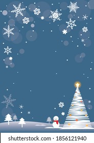 Snowy winter field background with snowman and Christmas tree.Winter background with snowflakes, snowman and Christmas tree.image of winter background for Christmas.