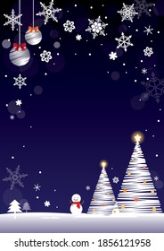 Snowy winter field background with snowman and Christmas tree.Winter background with snowflakes, snowman and Christmas tree.image of winter background for Christmas.