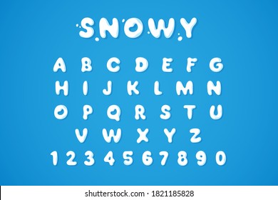 Snowy winter font isolated on blue background. White snow alphabet in bubble style. Ice letters and numbers. Applicable for Christmas and winter season design. Vector illustration