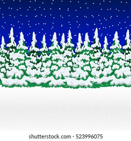Snowy winter forest. Christmas landscape with snowflakes and Chr
