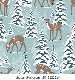 Snowy winter forest with deer and snowy pine trees on light blue background. Seamless vector pattern. Perfect for textile, wallpaper or print design.
