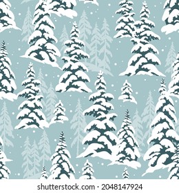 Snowy winter forest with snowy pine trees on light blue background. Seamless vector pattern. Perfect for textile, wallpaper or print design.